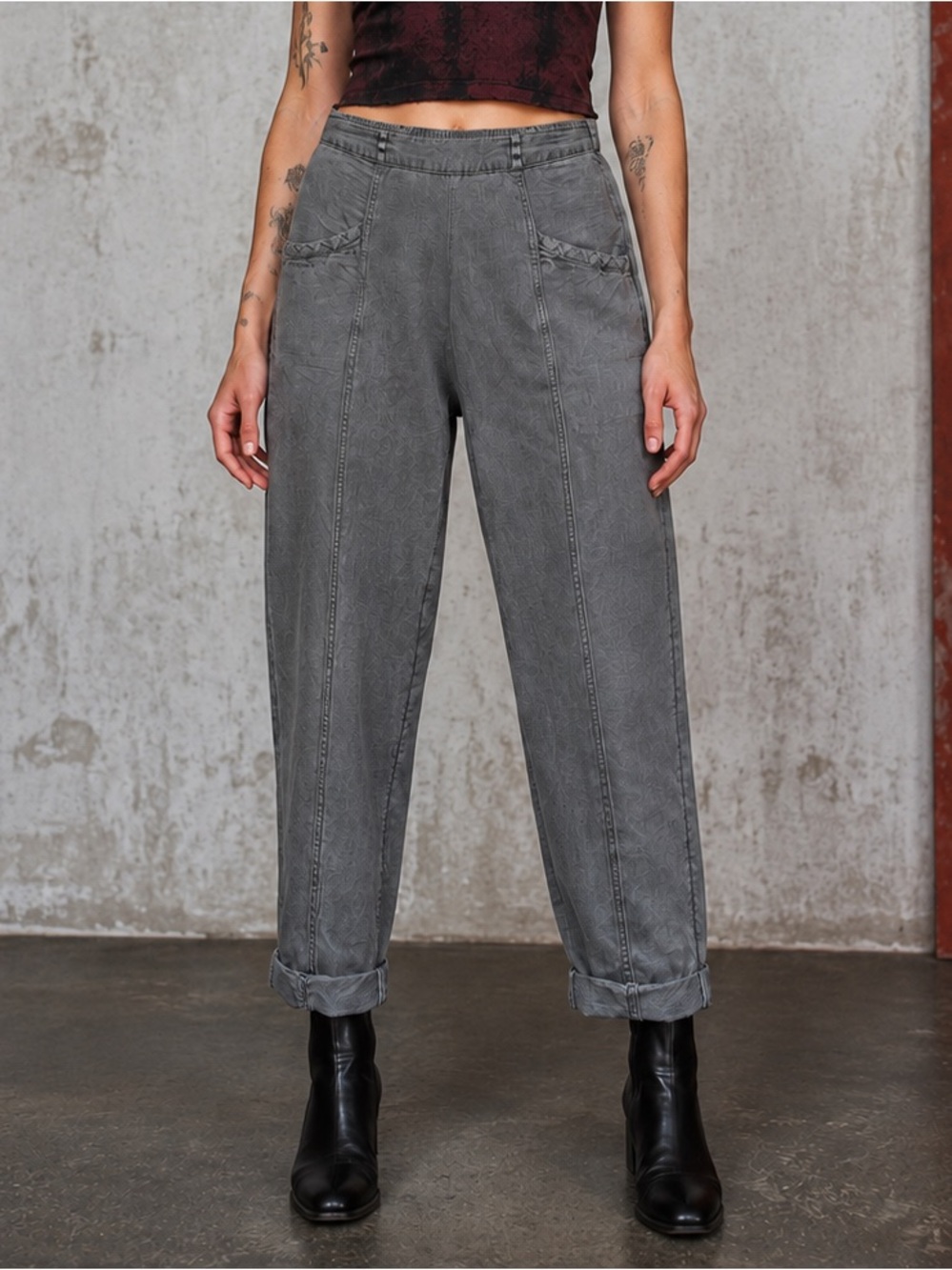 C&C California Gray Washed Linen Blend Utility Tapered Crop Pants Rolled Cuff XS